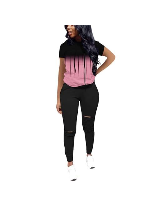 Nimsruc Women 2 Piece Tracksuit Outfits Casual Sports Short Sleeve Pullover Hoodie Sweatsuits