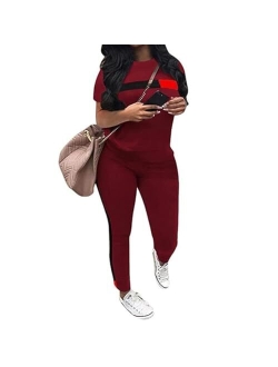 Two Piece Outfits for Women - Stripe Patchwork Long Sleeve Sweatshirt and Skinny Jogging Pants Tracksuit Sets