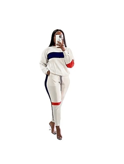 Two Piece Outfits for Women - Stripe Patchwork Long Sleeve Sweatshirt and Skinny Jogging Pants Tracksuit Sets