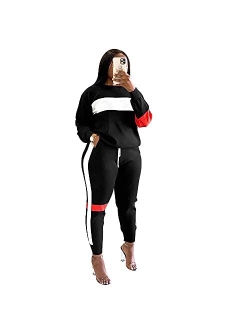 Two Piece Outfits for Women - Stripe Patchwork Long Sleeve Sweatshirt and Skinny Jogging Pants Tracksuit Sets