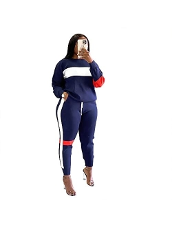 Two Piece Outfits for Women - Stripe Patchwork Long Sleeve Sweatshirt and Skinny Jogging Pants Tracksuit Sets