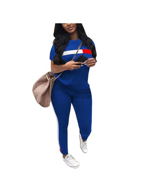 Two Piece Outfits for Women - Stripe Patchwork Long Sleeve Sweatshirt and Skinny Jogging Pants Tracksuit Sets