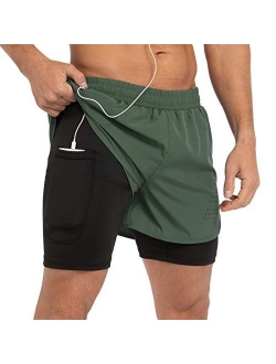 Gesean Men's 2 in 1 Workout Running Shorts 5" Lightweight Gym Training Sport Short with Phone Pockets