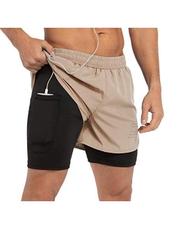 Gesean Men's 2 in 1 Workout Running Shorts 5" Lightweight Gym Training Sport Short with Phone Pockets