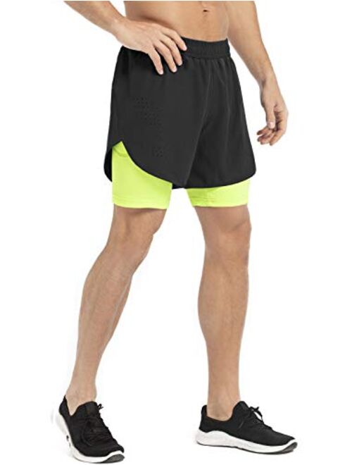 Gesean Men's 2 in 1 Workout Running Shorts 5" Lightweight Gym Training Sport Short with Phone Pockets