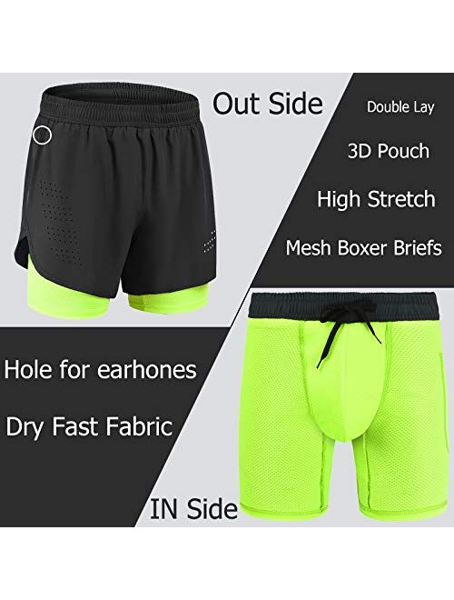 Gesean Men's 2 in 1 Workout Running Shorts 5" Lightweight Gym Training Sport Short with Phone Pockets