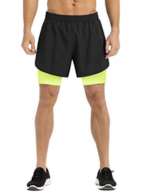 Gesean Men's 2 in 1 Workout Running Shorts 5" Lightweight Gym Training Sport Short with Phone Pockets