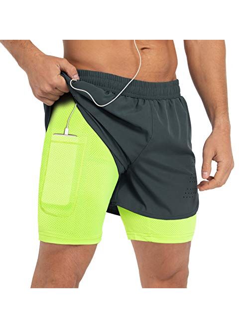 Gesean Men's 2 in 1 Workout Running Shorts 5" Lightweight Gym Training Sport Short with Phone Pockets