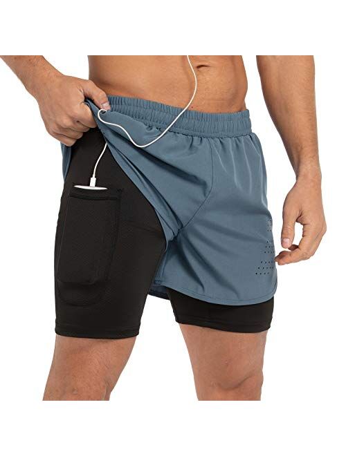 Gesean Men's 2 in 1 Workout Running Shorts 5" Lightweight Gym Training Sport Short with Phone Pockets