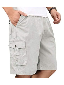 XinnanDe Mens Lightweight Cotton Loose Full Elastic Waist Twill Cargo Short with Drawstring