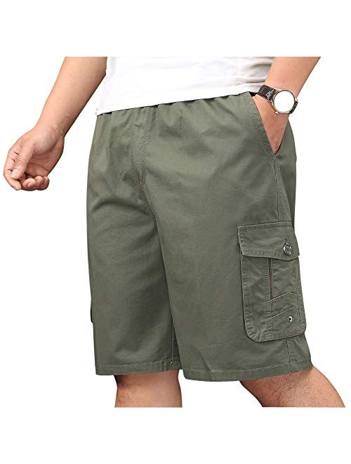 XinnanDe Mens Lightweight Cotton Loose Full Elastic Waist Twill Cargo Short with Drawstring