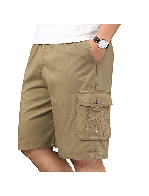 XinnanDe Mens Lightweight Cotton Loose Full Elastic Waist Twill Cargo Short with Drawstring