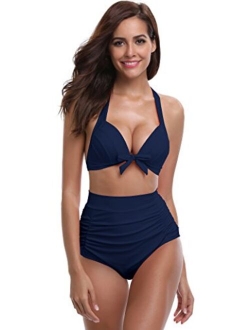 Women's Vintage Swimsuit Ruched Bottoms Triangle Halter Bikini Top Two Piece Swimwear