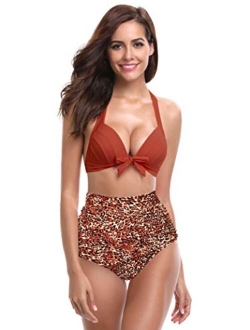 Women's Vintage Swimsuit Ruched Bottoms Triangle Halter Bikini Top Two Piece Swimwear