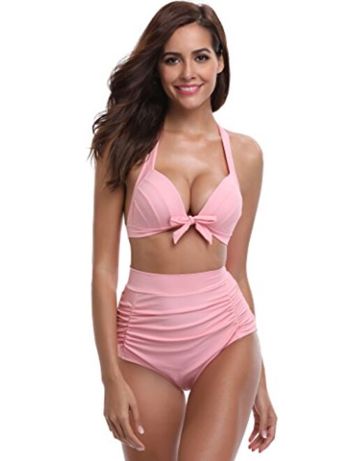 SHEKINI Women's Vintage Swimsuit Ruched Bottoms Triangle Halter Bikini Top Two Piece Swimwear