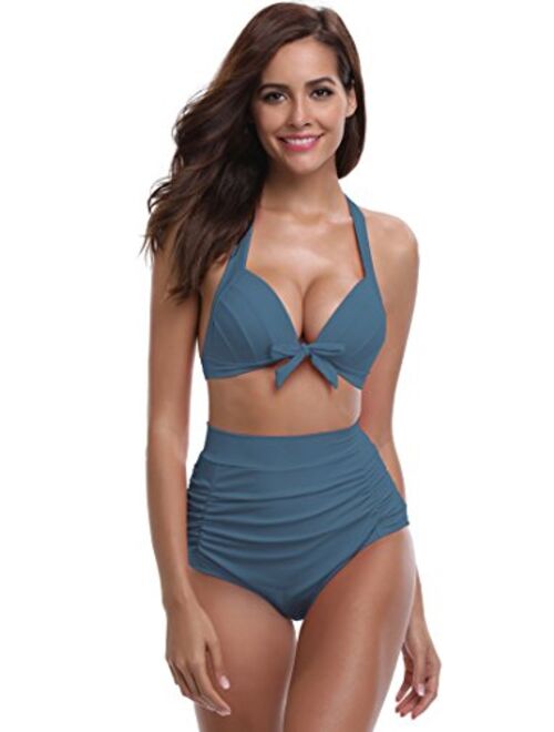 SHEKINI Women's Vintage Swimsuit Ruched Bottoms Triangle Halter Bikini Top Two Piece Swimwear