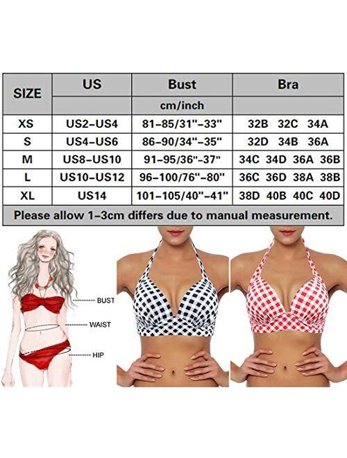 futurino Women's Vintage 50s Plaid Pattern Halter Bikini Top Swimsuits