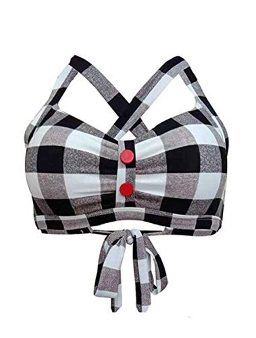 futurino Women's Vintage 50s Plaid Pattern Halter Bikini Top Swimsuits