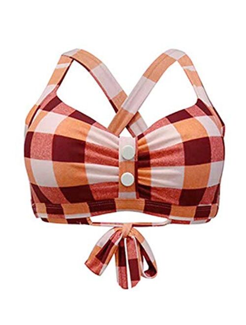 futurino Women's Vintage 50s Plaid Pattern Halter Bikini Top Swimsuits