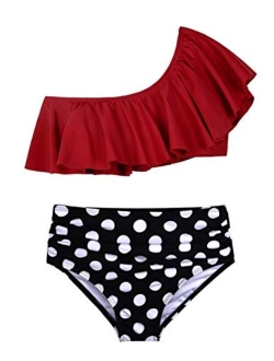 Girl's Bikini Swimwear Crop Flounce Two Piece Swimsuits Kids One Shoulder Bathing Suits