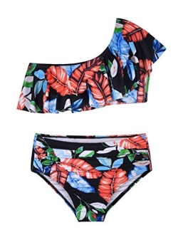 Girl's Bikini Swimwear Crop Flounce Two Piece Swimsuits Kids One Shoulder Bathing Suits