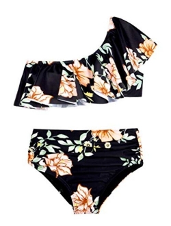 Girl's Bikini Swimwear Crop Flounce Two Piece Swimsuits Kids One Shoulder Bathing Suits