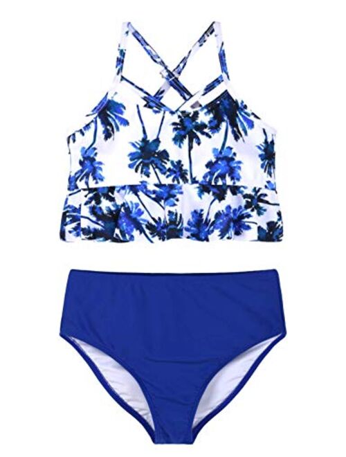 Hilor Girl's Bikini Swimwear Crop Flounce Two Piece Swimsuits Kids One Shoulder Bathing Suits