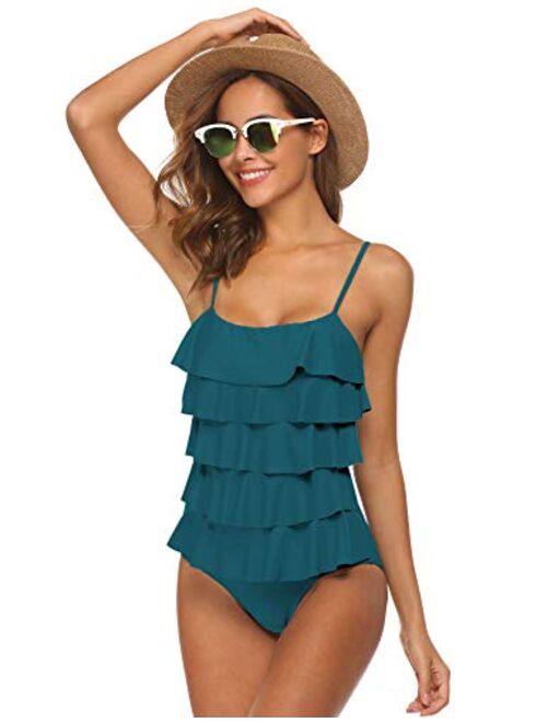 MAXMODA Women's One Piece Swimsuit Layered Ruffle Tummy Control Bathing Suits Flounce Monokini Swimwear