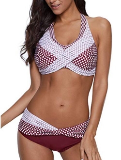 Yanekop Womens Polka Dot Print Bikini Set Halter Neck Swimwear Twist Front 2 Piece Swimsuit