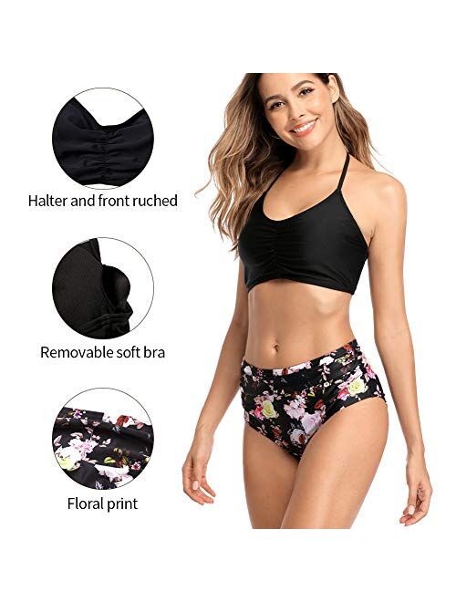 CharmLeaks Women High Waisted Bikini Set Halter Lace Up 2 Piece Swimsuit Floral Ruched Bikini Bottoms