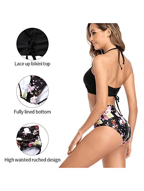 CharmLeaks Women High Waisted Bikini Set Halter Lace Up 2 Piece Swimsuit Floral Ruched Bikini Bottoms