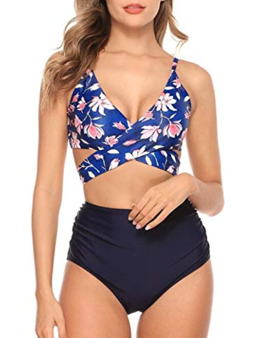 CharmLeaks Women High Waisted Bikini Set Halter Lace Up 2 Piece Swimsuit Floral Ruched Bikini Bottoms