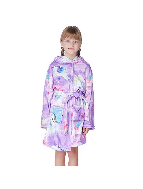 Soft Girls Bathrobe, Hooded Flannel Robe Toddler Dressing Gown Sleepwear 4T -18 Years