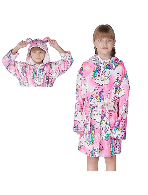 Soft Girls Bathrobe, Hooded Flannel Robe Toddler Dressing Gown Sleepwear 4T -18 Years