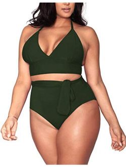 Pink Queen Women's Halter Plus Size Two Piece Swimsuits High Waisted Bikini Set Swimwear