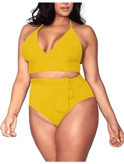 Pink Queen Women's Halter Plus Size Two Piece Swimsuits High Waisted Bikini Set Swimwear