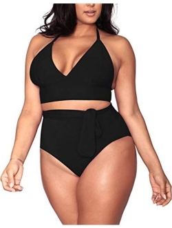 Pink Queen Women's Halter Plus Size Two Piece Swimsuits High Waisted Bikini Set Swimwear