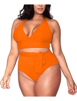 Pink Queen Women's Halter Plus Size Two Piece Swimsuits High Waisted Bikini Set Swimwear