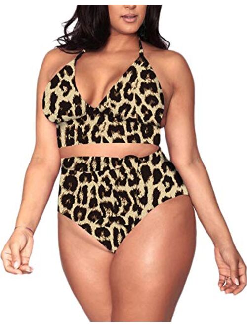 Pink Queen Women's Halter Plus Size Two Piece Swimsuits High Waisted Bikini Set Swimwear