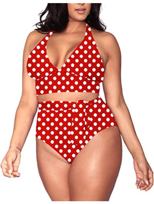 Pink Queen Women's Halter Plus Size Two Piece Swimsuits High Waisted Bikini Set Swimwear