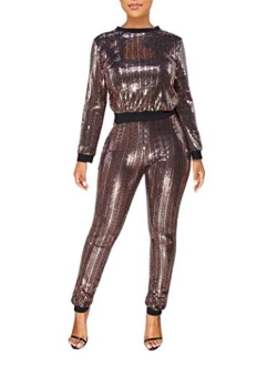 EOSIEDUR Womens 2 Piece Outfits & Sexy Silver Glitter Sequins & Metallic Shiny Top and Pants Set