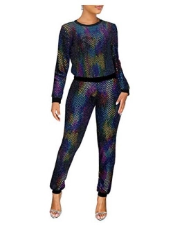 EOSIEDUR Womens 2 Piece Outfits & Sexy Silver Glitter Sequins & Metallic Shiny Top and Pants Set