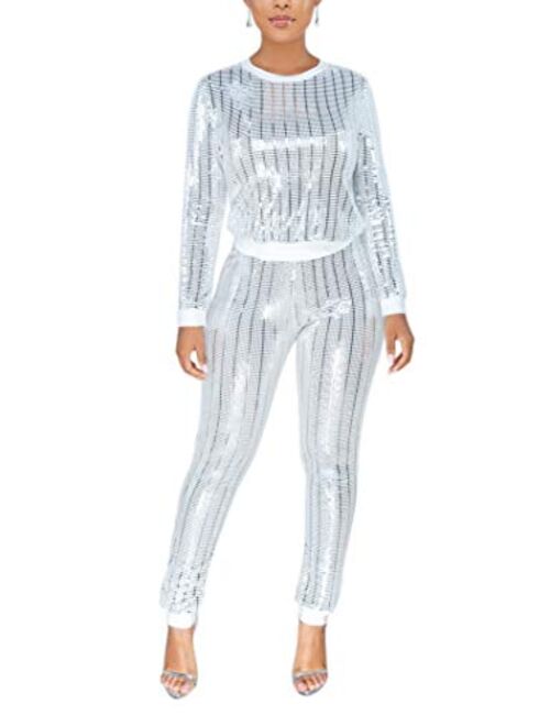 EOSIEDUR Womens 2 Piece Outfits & Sexy Silver Glitter Sequins & Metallic Shiny Top and Pants Set