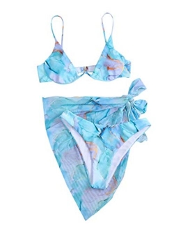 Women's 3 Piece Tie Dye Underwire Bikini Set Swimsuit and Cover Up Beach Skirt