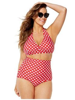 Women's Plus Size White Polka Dot Halter High Waist Bikini Set 6 Red