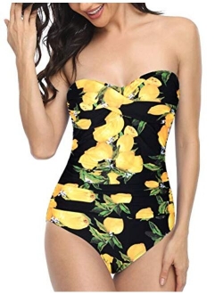 Women's Bandeau One Piece Swimsuits Front Twist Swimwear Ruched Bathing Suits Tummy Control