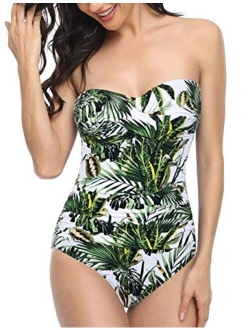 Women's Bandeau One Piece Swimsuits Front Twist Swimwear Ruched Bathing Suits Tummy Control