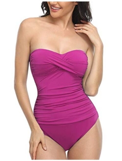 Women's Bandeau One Piece Swimsuits Front Twist Swimwear Ruched Bathing Suits Tummy Control