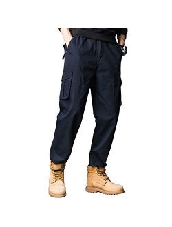 Banana Bucket Mens Tactical Cargo Pants, Elastic Waistband Casual Jogger Pants with Multi-Pockets