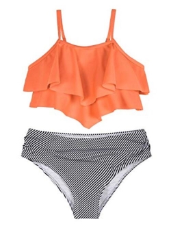 Girl's Bikini Set Flounce Two Piece Swimsuits Kids Ruffled Monokini Bathing Suits White&Green Leaves